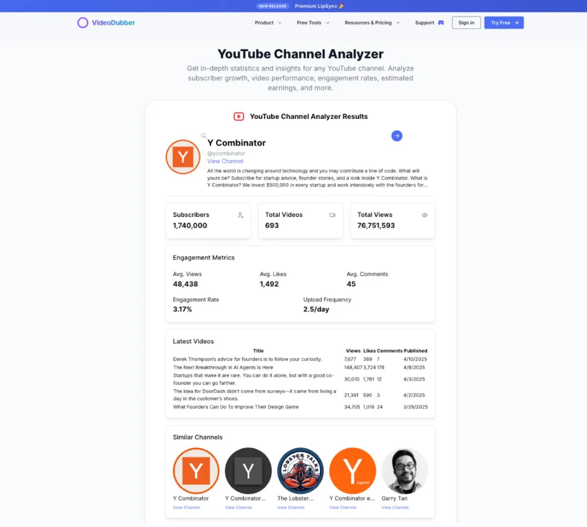 VideoDubber’s Youtube Channel Analyzer